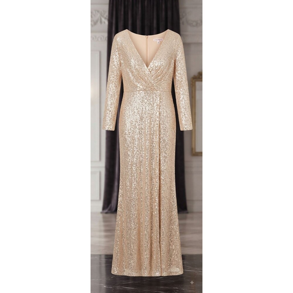 Ever‑Pretty Champagne Sequin Maxi Dress Womens Size 14 V‑Neck Long Sleeve Formal